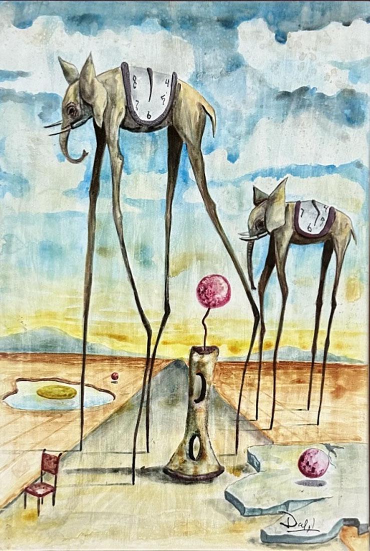 SALVADOR DALI (1904-1989) WATERCOLOR ON PAPER: Attributed to Salvador Dali, no coa, private collection, medium: watercolor measurements: 27"WX33"H framed, mint condition Biography: Salvador Domingo Felipe Jacinto DalÃ­ i DomÃ¨nech, Marquess of