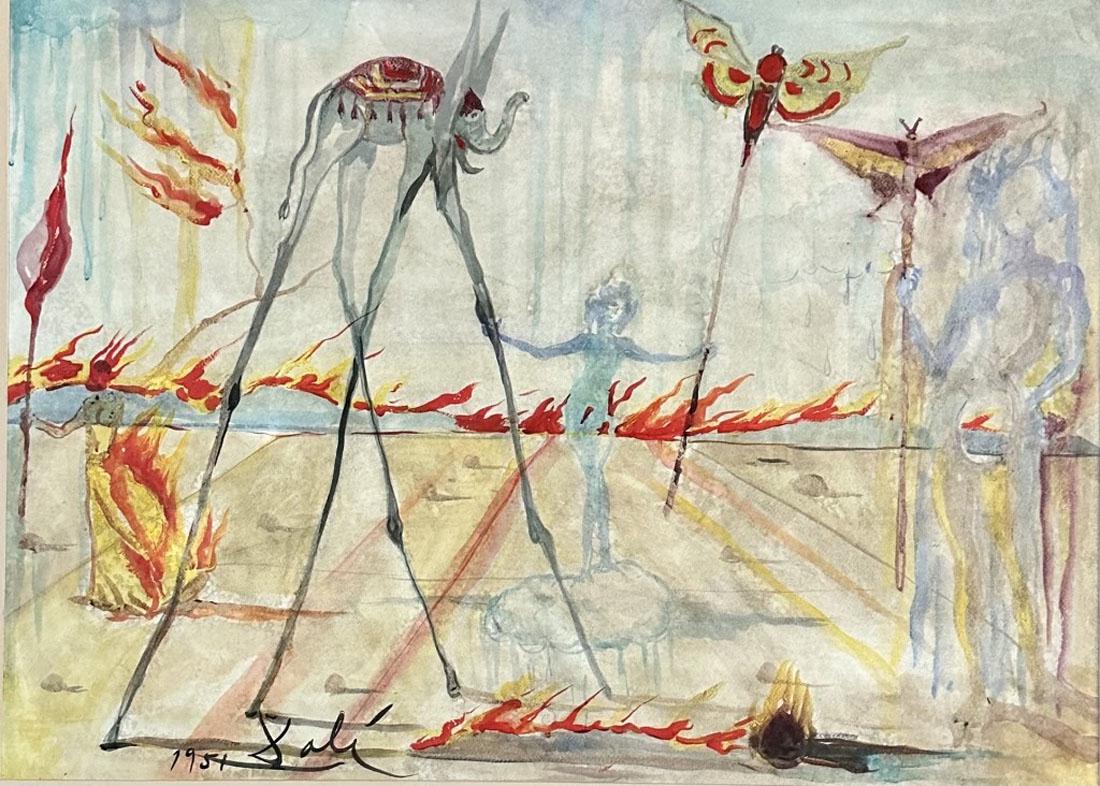 SALVADOR DALI (1904-1989) WATERCOLOR SURREALIST: Attributed to Salvador Dali, no coa, private collection, medium: watercolor, measurements: 30"hx36"w framed, mint condition Biography: Salvador Domingo Felipe Jacinto DalÃ­ i DomÃ¨nech, Marquess o