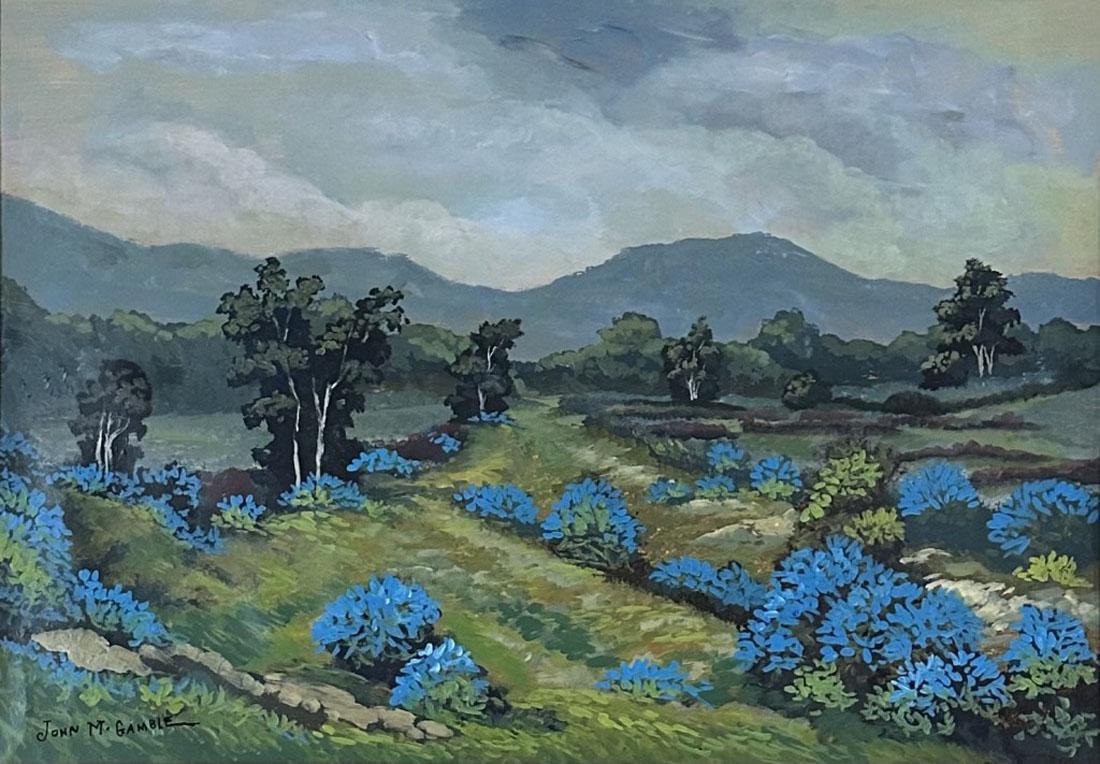 JOHN M. GAMBLE OIL ON PAPER LANDSCAPE: Attributed to John M. Gamble, private collection, no coa medium: oil measurements: 38"HX47"W framed, mint condition however, no glass in frame Biography: John Marshall Gamble was born in New Jersey in
