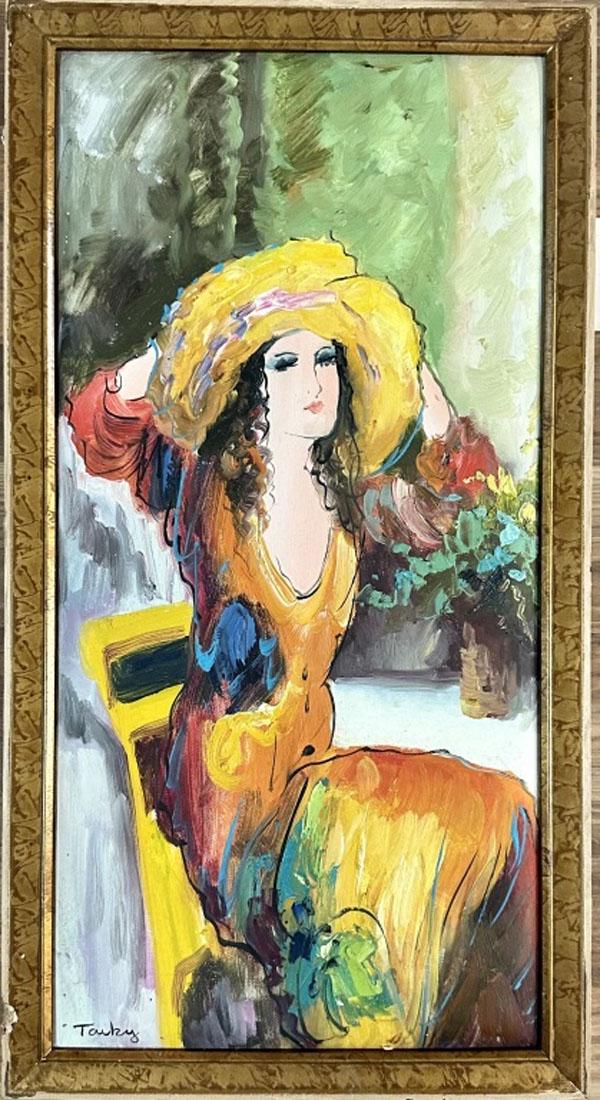 ISHTAK TARKAY (1935-2012) OIL ON CANVAS: Attributed to Ishtak Tarkay, no coa, private collection, medium: oil measurements: 14"wx26"h framed, mint condition, frame has wear and tear, Biography: Itzchak Tarkay was an Israeli painter and graph