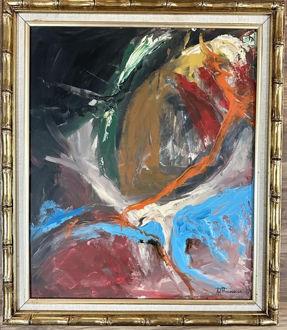 ART BRENNER ABSTRACT OIL ON CANVAS: Attributed to Art brenner, no coa, private collection, medium: oil, measurements: 24"wx28"h framed, mint condition, Biography: Art Brenner was an American abstract sculptor and painter. Born in New Yo