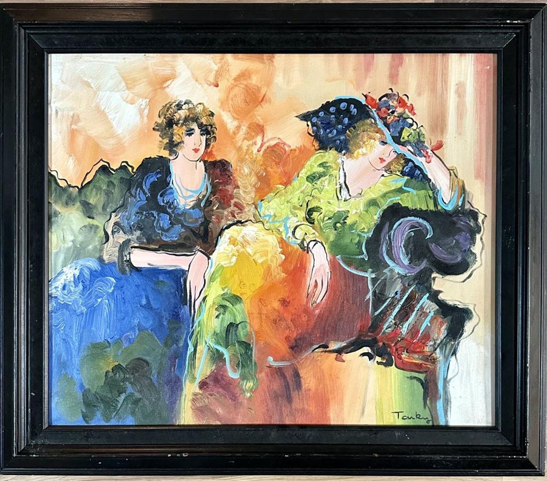 ITZCHAK TARKAY 1935-2012 FIGURATIVE OIL PAINTING: Attributed to Itzchak Tarkay, no coa, private collection, medium: oil measurements: 25"hx28"w framed, mint condition, some chips on frame, Biography:Itzchak Tarkay was an Israeli painter and graphic a