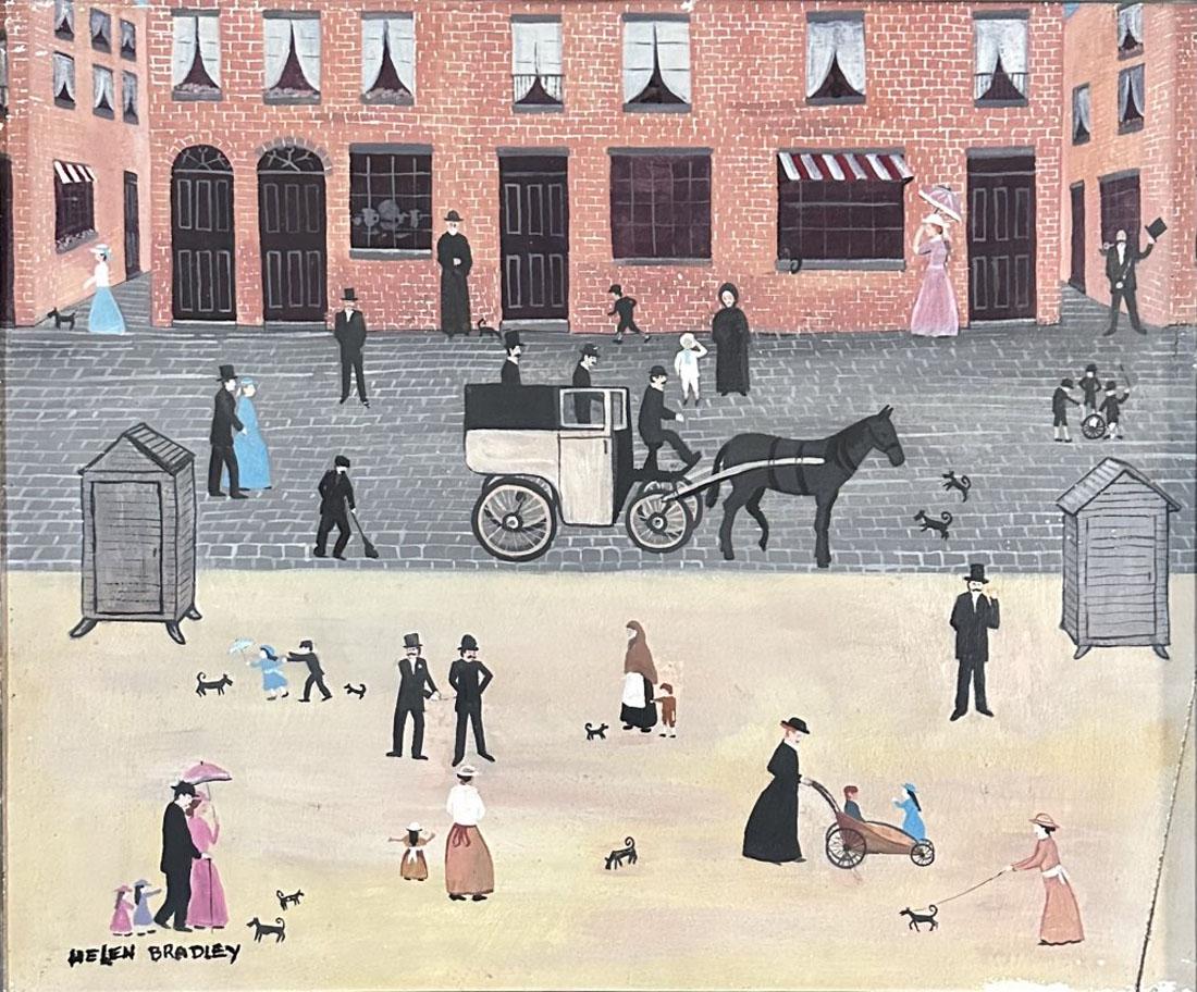 HELEN BRADLEY (1900-1979) OIL ON BOARD: Attributed to Helen Bradley, no coa, private collection, medium: oil on board measurements: 28"hx33"w framed, ok condition, 6.5" crack at bottom of painting Biography: Helen Layfield Bradley MBE was a