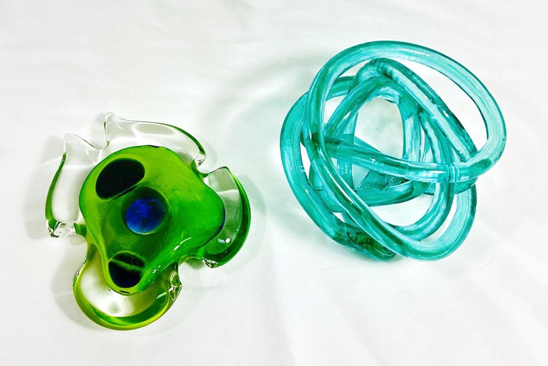 EXCELLENT LOT OF 2 GREEN ART GLASS PAPERWEIGHTS: 6" EACH MINT CONDITION