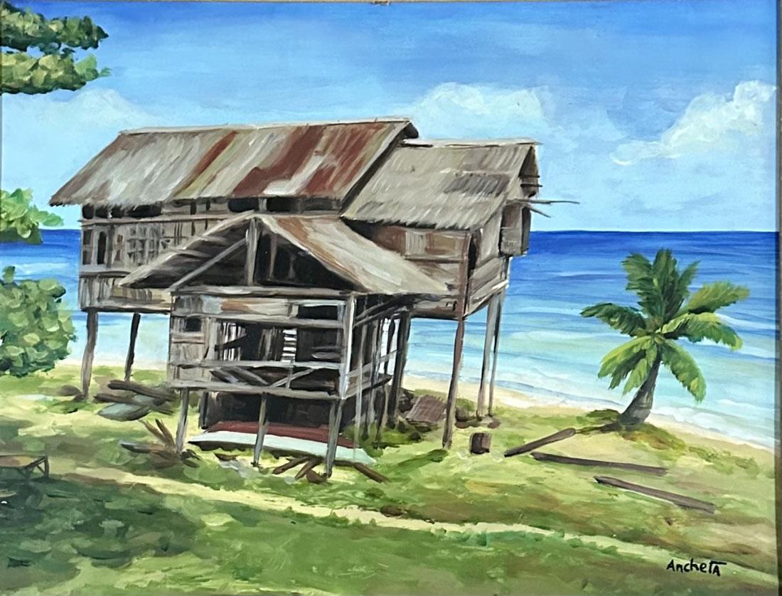 ISIDRO ANCHETA OIL ON BOARD BEACH HUT SCENE (1 of 4)