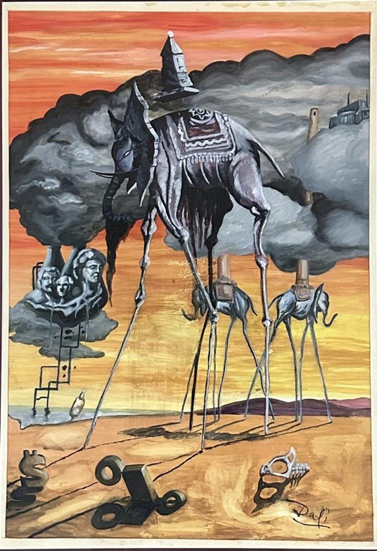 SALVADOR DALI (1904-1989) SURREALIST OIL ON PAPER: Attributed to Salvador Dali, no coa, private collection, medium: oil measurements: 27"wx36"h framed, mint condition Biography: Salvador Domingo Felipe Jacinto DalÃ­ i DomÃ¨nech, Marquess of DalÃ�