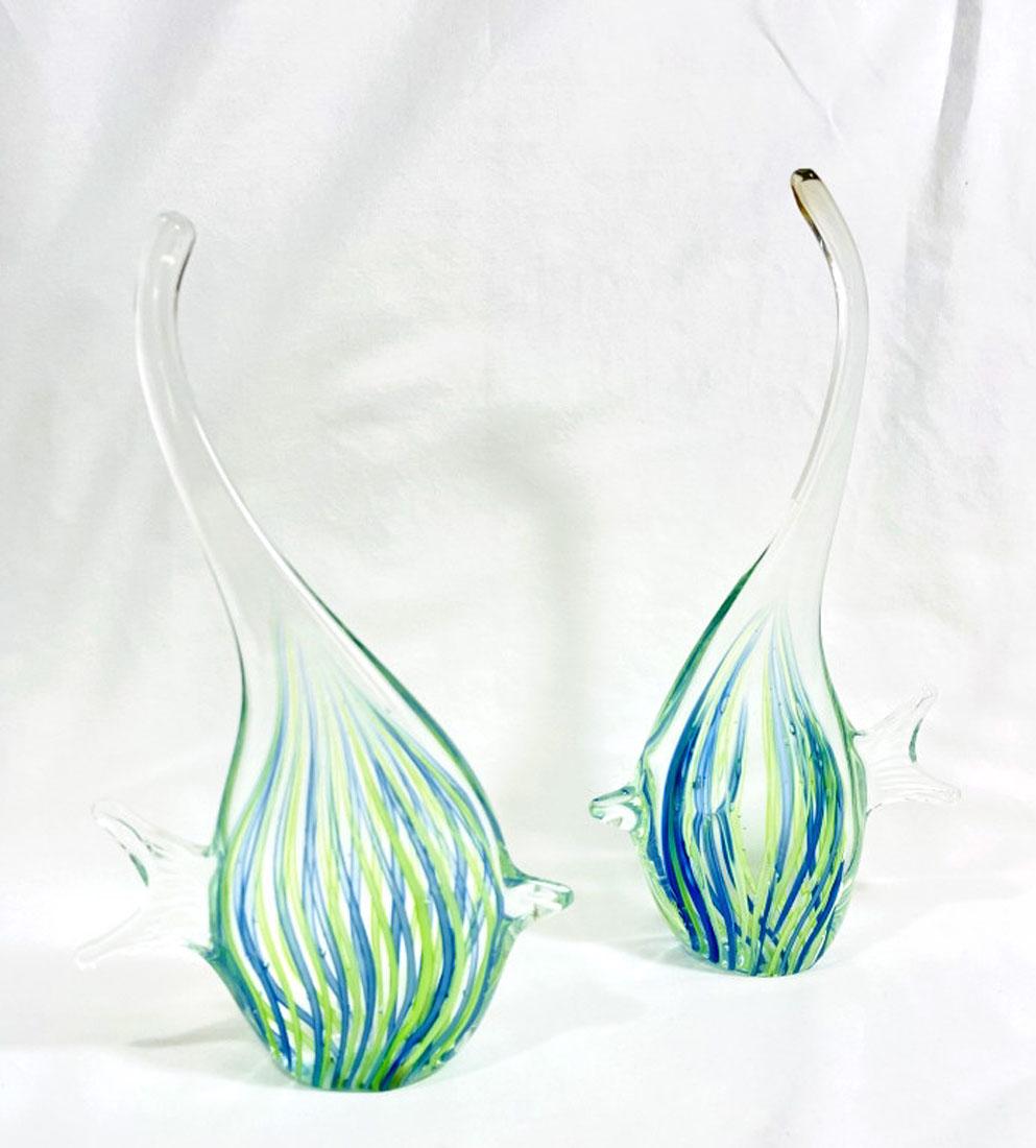STUNNING LOT OF 2 BLUE/GREEN DECO ART GLASS FISH (1 of 1)