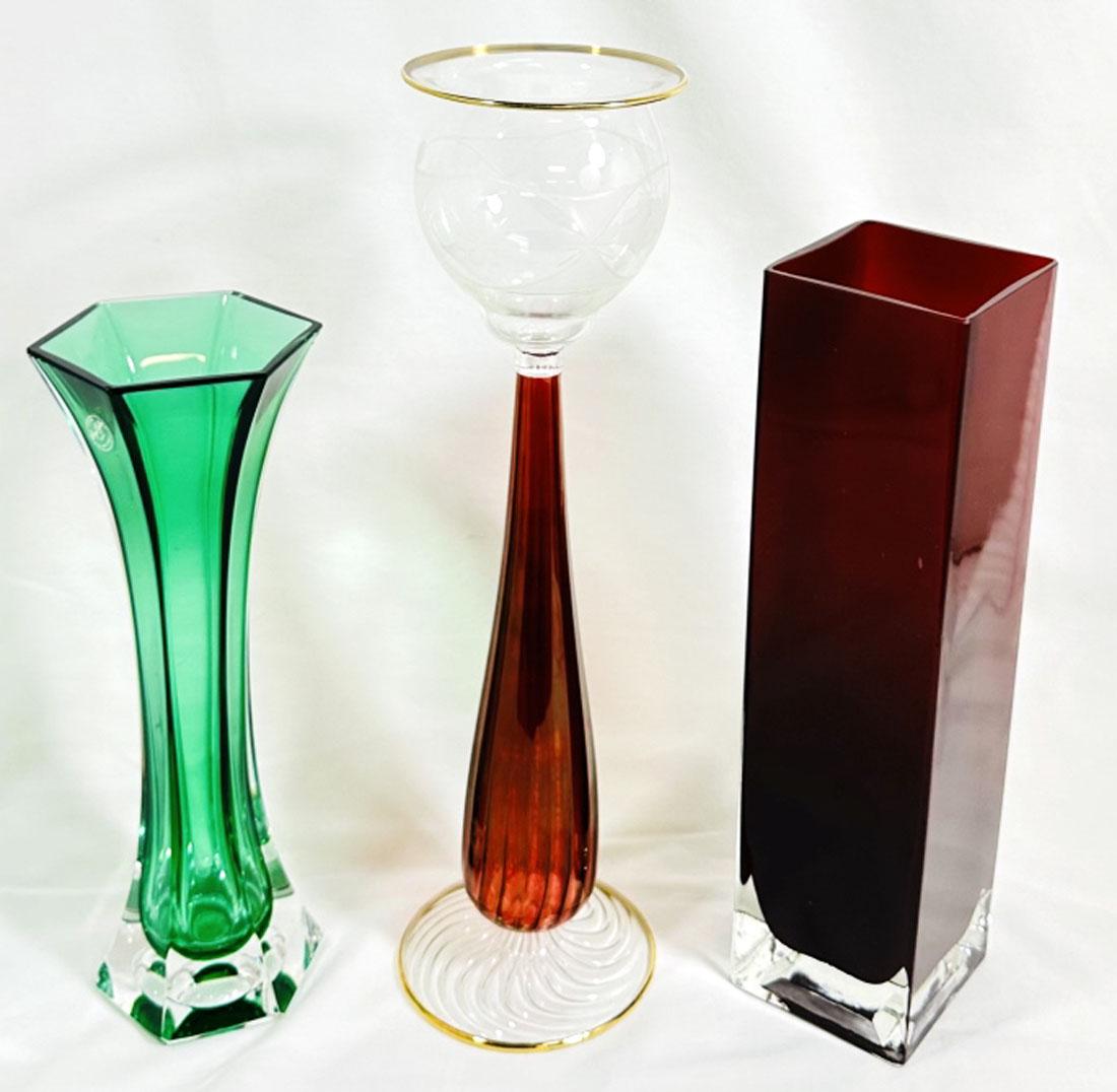 LOVELY LOT OF 3 VINTAGE ART GLASS DECOR: 2 VASES AND CANDLE HOLDER, 10-13" EACH MINT CONDITION