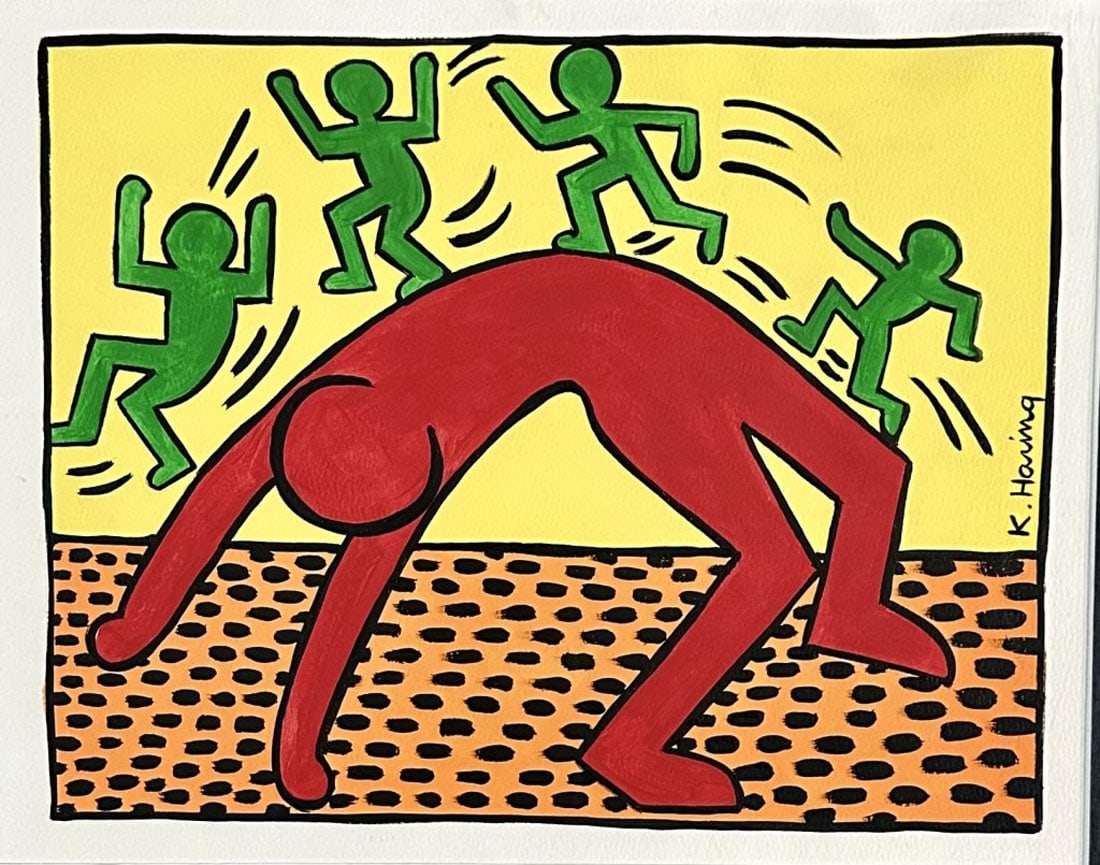 KEITH HARING POP ART OIL ON PAPER: Attributed to Keith Haring, no coa, private collection, medium: measurements:18"WX21"H framed, mint condition Biography: Keith Allen Haring was an American artist whose pop art emerged from the New Yo