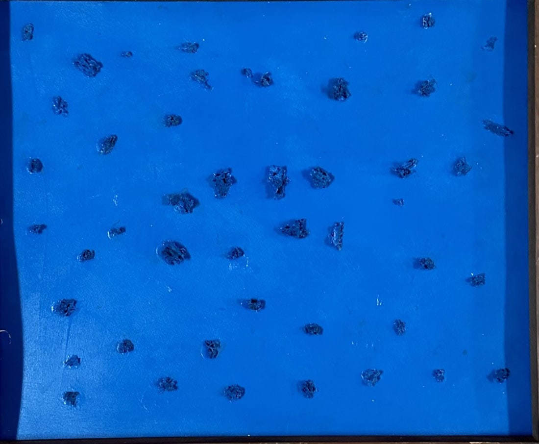 YVES KLEIN (1928-1962) BLUE OIL ON BOARD: Attributed to Yves Klein, no coa, private collection, medium: oil measurements: 29"WX32"H framed, ok condition, one piece falling off Biography: Yves Klein was a French artist and an important figure