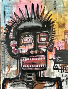 JEAN MICHEL BASQUIAT ABSTRACT OIL ON CANVAS XL: Attributed to Jean Michel Basquiat, no coa, private collection, medium: oil, measurements: 36"wx48"h mint condition, no frame Biography: Jean-Michel Basquiat was an American artist who rose to success