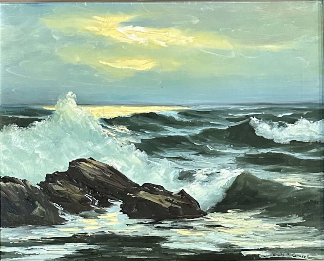 EMILE GRUPPE(1896-1978) OIL ON CANVAS SEASCAPE: Attributed to Emile Grupps, no coa, private collection, medium: oil, measurements: 19"HX23"W framed, very good condition Biography: Emile Albert GruppÃ© was an American painter, known for impression