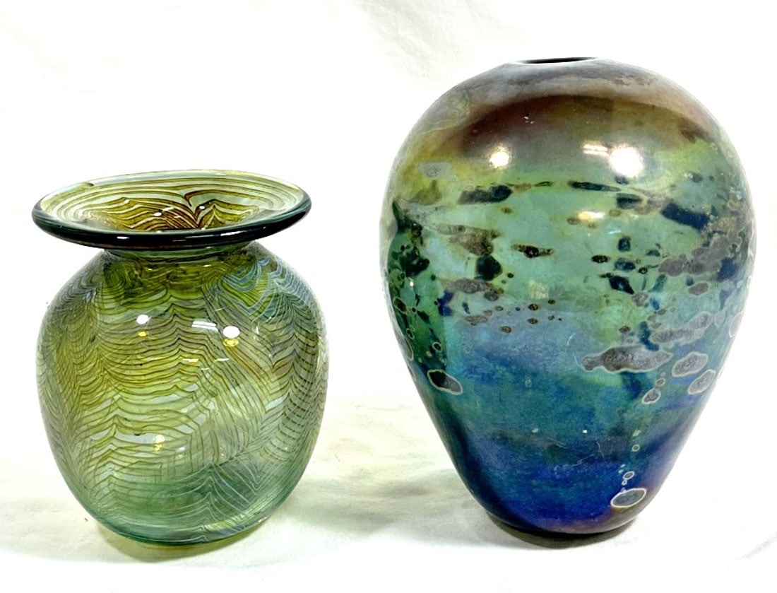 MID CENTURY ITALIAN ART GLASS OIL DRIP VASES: 5-7" EACH GOOD CONDITION