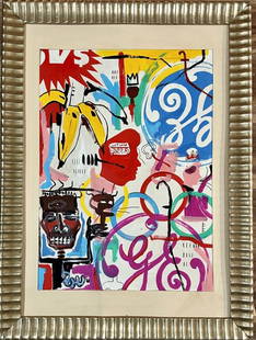 ANDY WARHOL AND BASQUIAT OIL ON PAPER PAINTING: Attributed to Andy Warhol and Jean Michel Basquiat, no coa, private collection, medium: measurements: 40"HX30"W Framed, no glass, mint condition Biography: Andy Warhol was an American visual artist, f