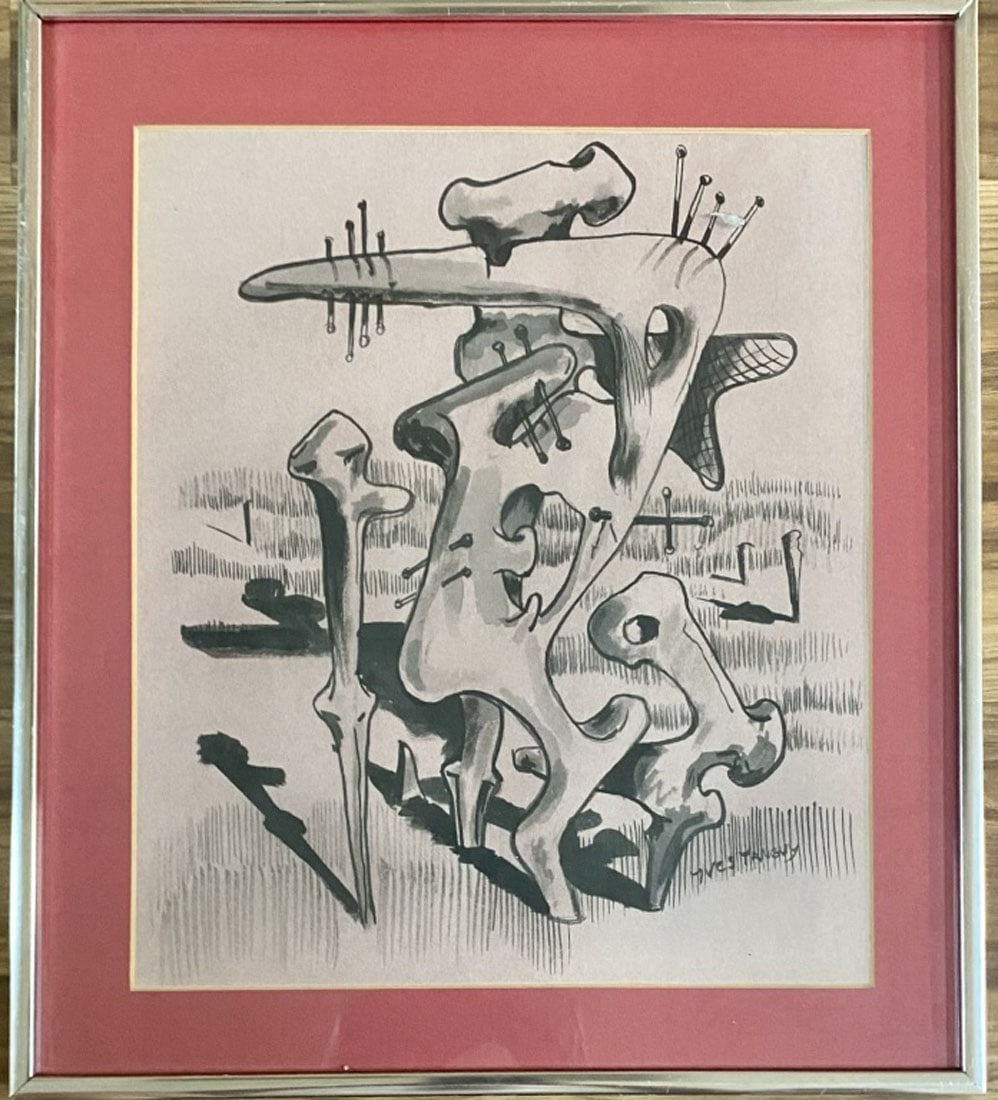 IVES TANGUY SURREALIST OIL ON PAPER: Attributed to Ives Tanguy, no coa, private collection, medium:oil, measurements: 14"WX16"H framed, mint condition, Biography:known as just Yves Tanguy, was a French surrealist painter. Throughout the