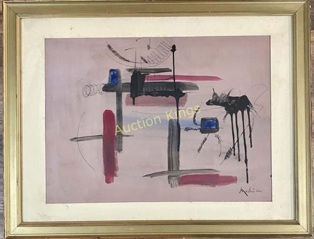 GEORGES MATHIEU MIXED MEDIA ON PAPER: Attributed to Georges Mathieu, no coa, private collection, medium: mixed media, measurements: 28"HX36"W framed, very good condition Biography: Georges Mathieu was a French abstract painter, art theori