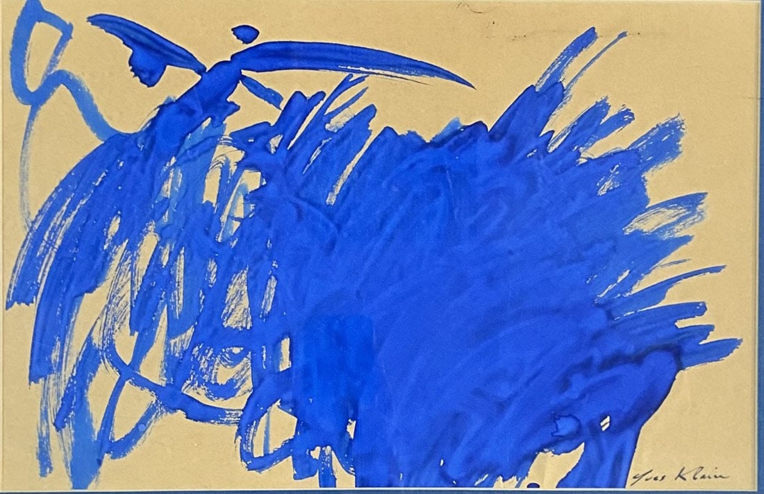 YVES KLEIN OIL ON PAPER ABSTRACT BLUE: Attributed to Yves Klein, no coa, private collection, medium: oil, measurements: 14"HX20"W framed, mint condition Biography:Yves Klein was a French artist and an important figure in post-war European