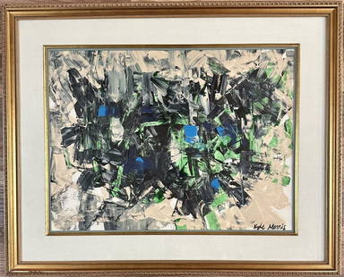 KYLE MORRIS (1918-1979) ABSTRACT OIL ON PAPER: Attributed to Kyle Morris, no coa, private collection, medium: oil, measurements: 24"HX30"W framed, mint condition Biography: Kyle Morris was born in Des Moines and studied at the Art Institute of Chi