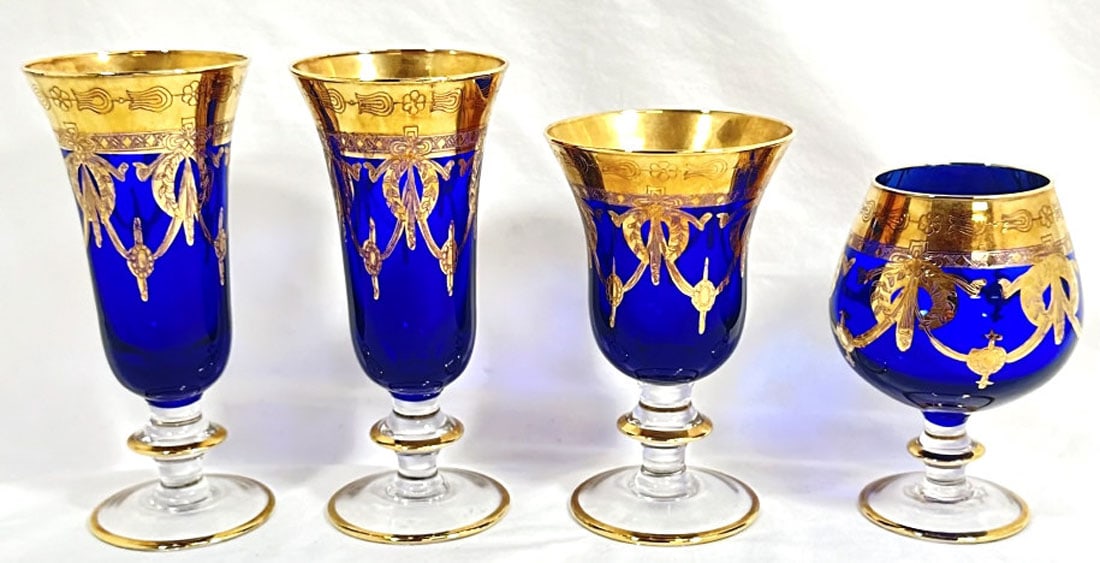 STUNNING VINTAGE BOHEMIA COBALT/GOLD GLASSES: 5-7" MINT CONDITION