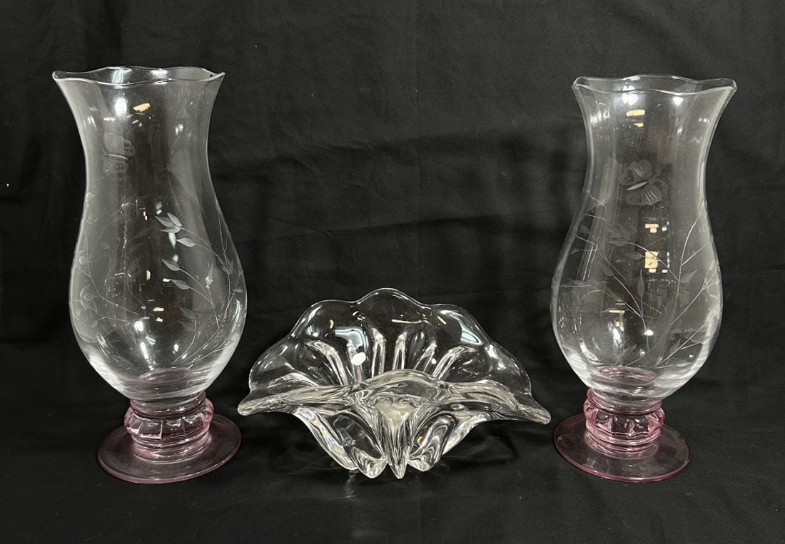 LOT OF 2 GORHAM VASES AND ART GLASS DECO BOWL: VASES ARE 12" BOWL IS 8" MINT CONDITION