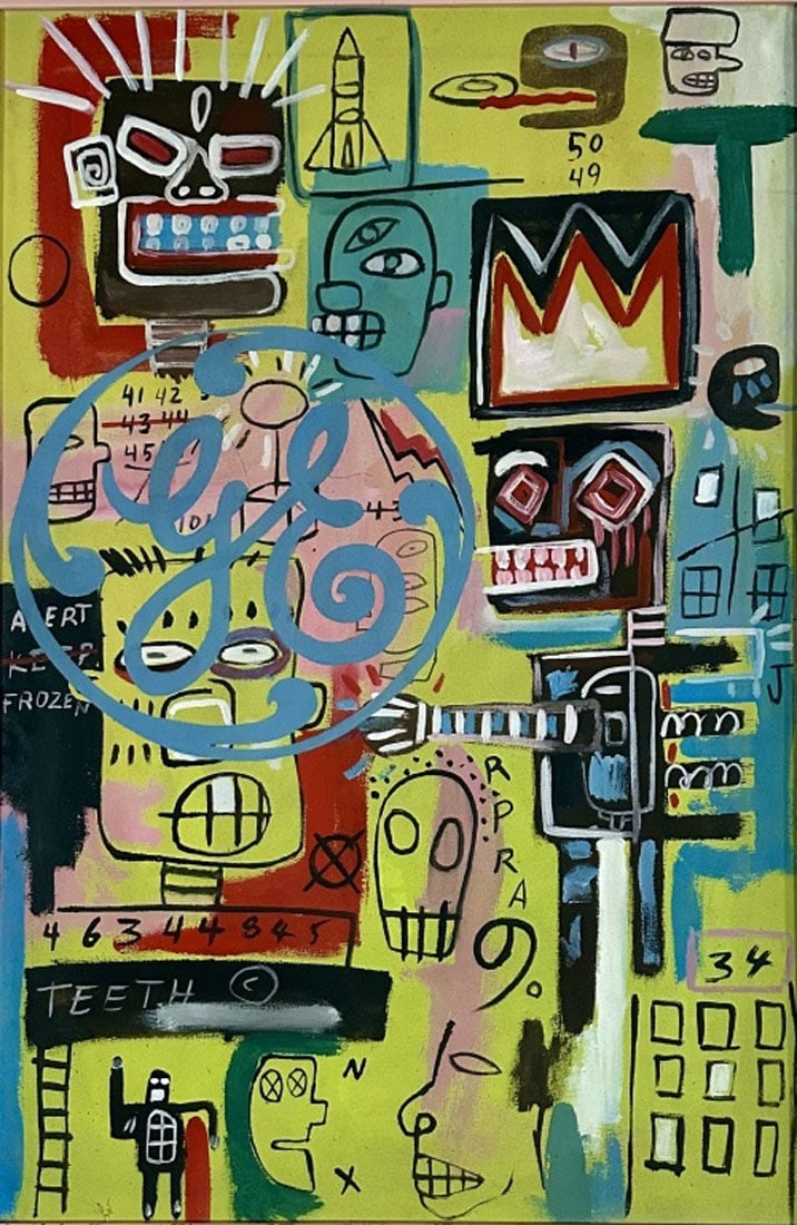 JEAN MICHEL BASQUIAT/ANDY WARHOL OIL ON CANVAS: Attributed to Jean Michel Basquiat, no coa, private collection, medium: oil, measurements: 29"W BY 36"H framed, mint condition Biography: Jean-Michel Basquiat was an American artist who rose to succes