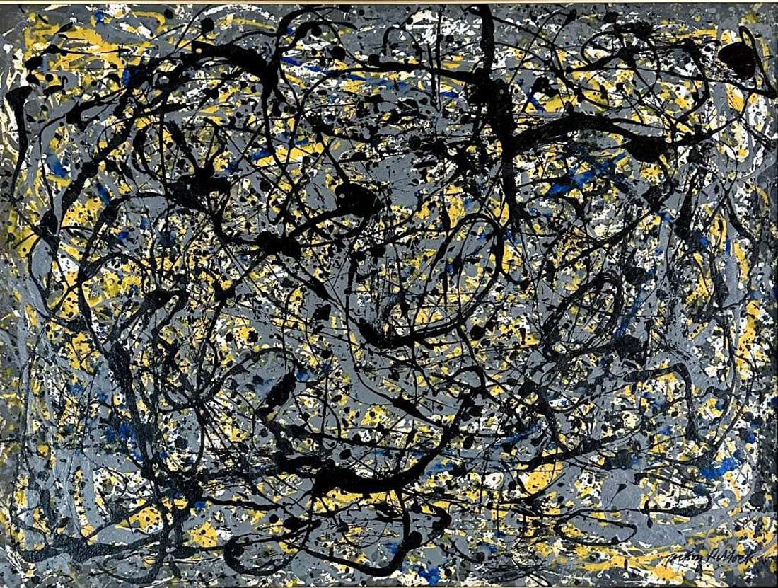 JACKSON POLLOCK OIL DRIP PAINTING (LARGE ABSTRACT): Attributed to Jackson Pollock, no coa, private collection, medium: oil, measurements: 41"HX53"W framed mint condition Biography: Paul Jackson Pollock was an American painter. A major figure in the abs