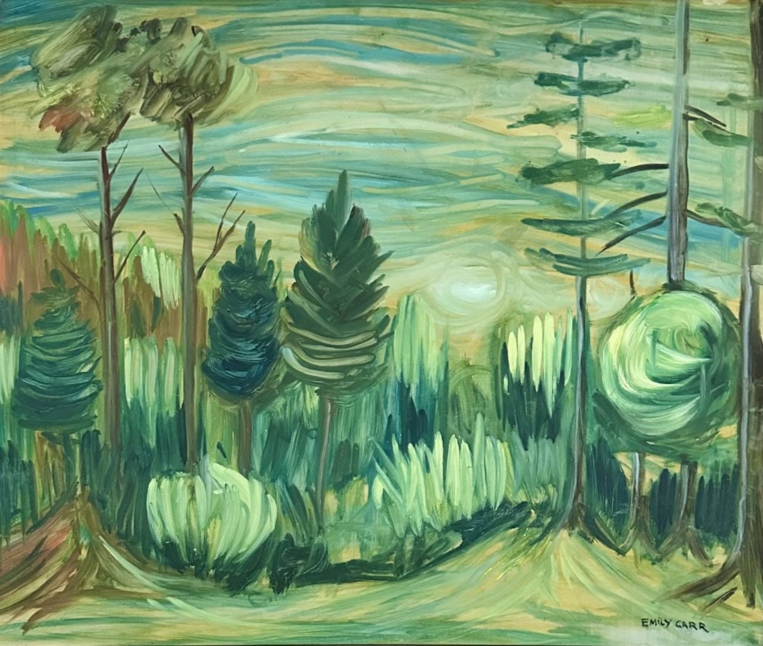 EMILY CARR (1871-1945) OIL ON BOARD LANDSCAPE: Attributed to Emily Carr, no coa, private collection, medium: measurements: 24"HX28" framed, mint condition Biography: Emily Carr was a Canadian artist who was inspired by the monumental art of the Fi