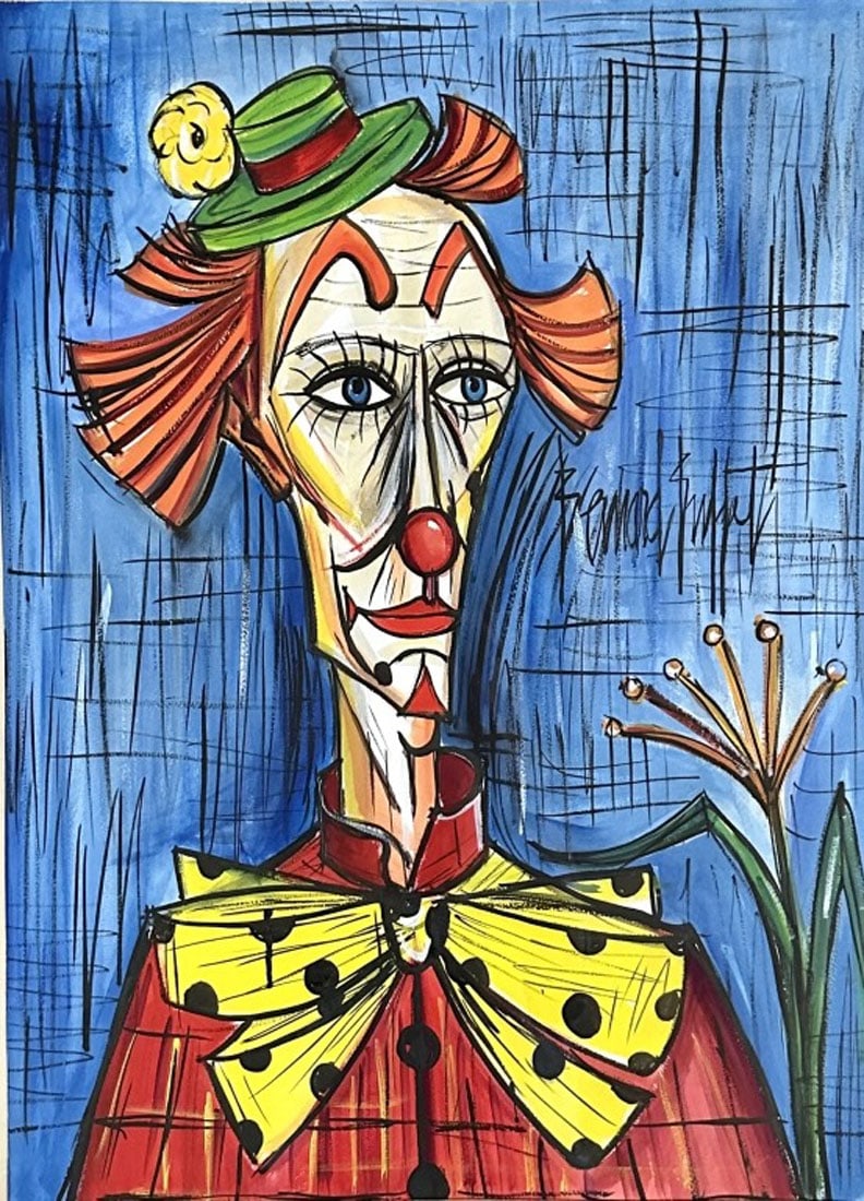 BERNARD BUFFET OIL ON PAPER CLOWN: Attributed to Bernard Buffet, no coa, private collection, medium: oil measurements: 42"hx33"w framed, mint condition Biography: Bernard Buffet was a French painter, printmaker, and sculptor. He produc