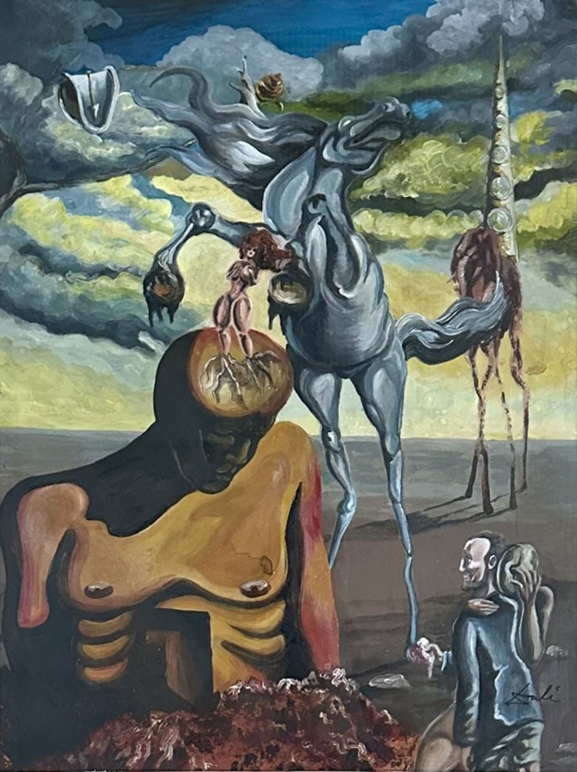 SALVADOR DALI OIL ON PAPER PAINTING: Attributed to Salvador Dali, no coa, private collection, medium: oil, measurements: 26"WX38"H framed, mint condition Biography: Salvador Domingo Felipe Jacinto Dalí i Domènech, Marquess of Dalí of 