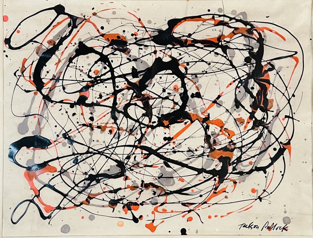 JACKSON POLLOCK OIL ON PAPER: Attributed to Jackson Pollock, no coa, private collection, medium: oil, measurements: 36"HX45"W Framed, mint condition Biography: Paul Jackson Pollock was an American painter. A major figure in the ab