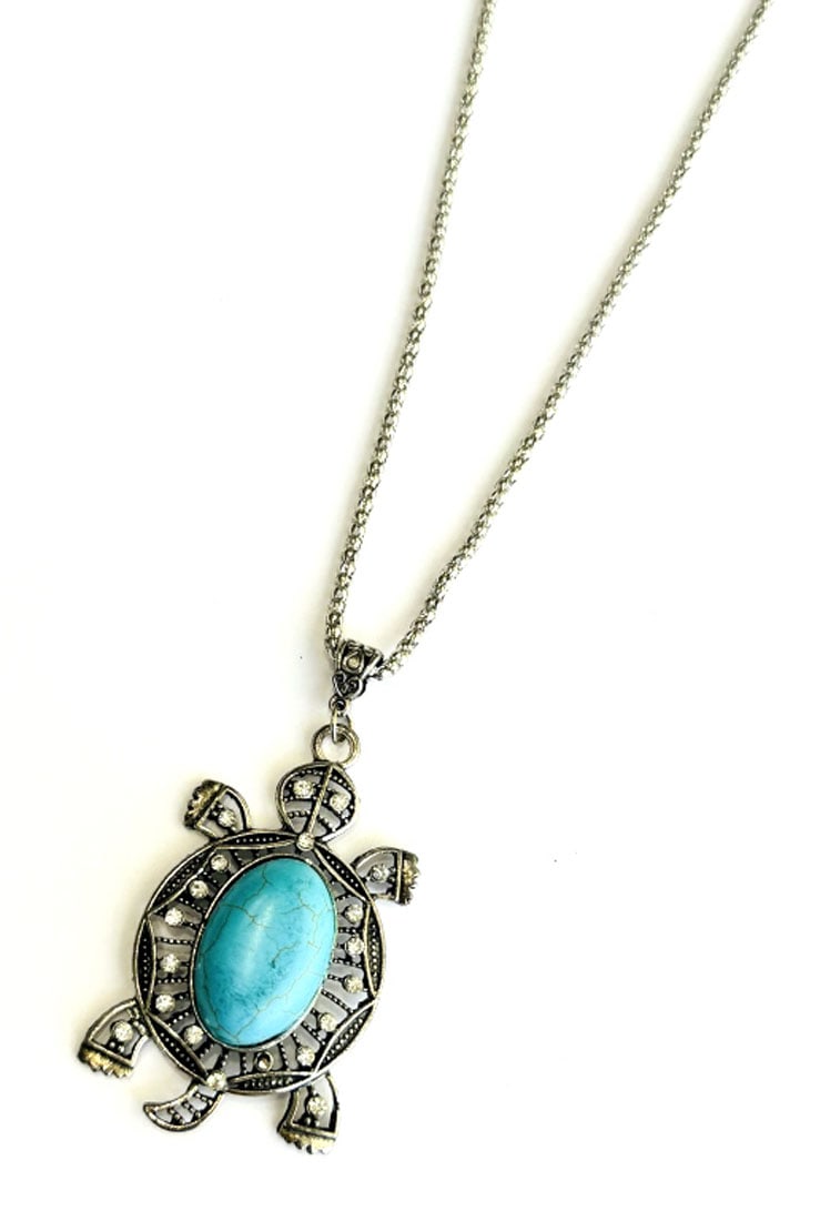UNIQUE TURQUOISE TURTLE PENDANT NECKLACE: 25"