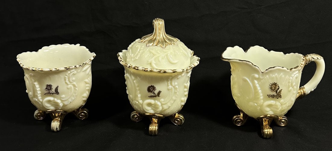 ELEGANT VINTAGE GOLD ACCENT GLASS CREAMER SET: VERY GOOD CONDITION