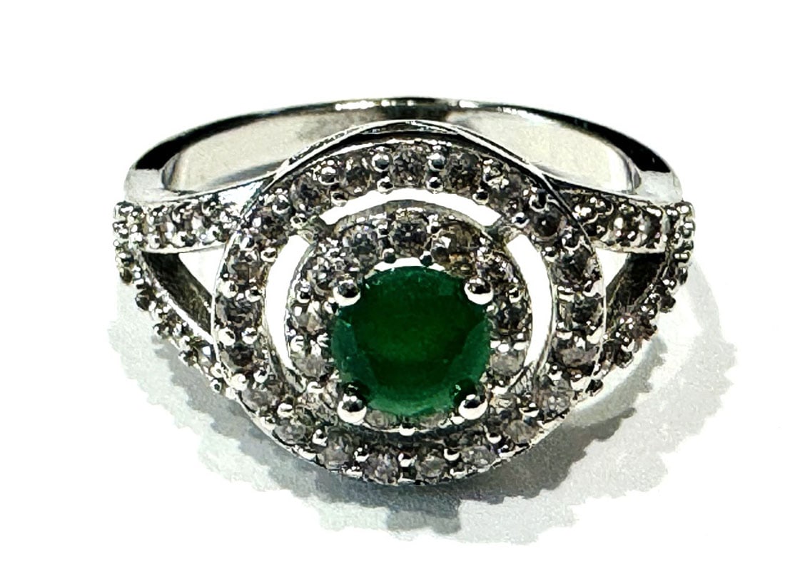 GLAM EMERALD AND WHITE TOPAZ STERLING HALO RING: SIZE 7