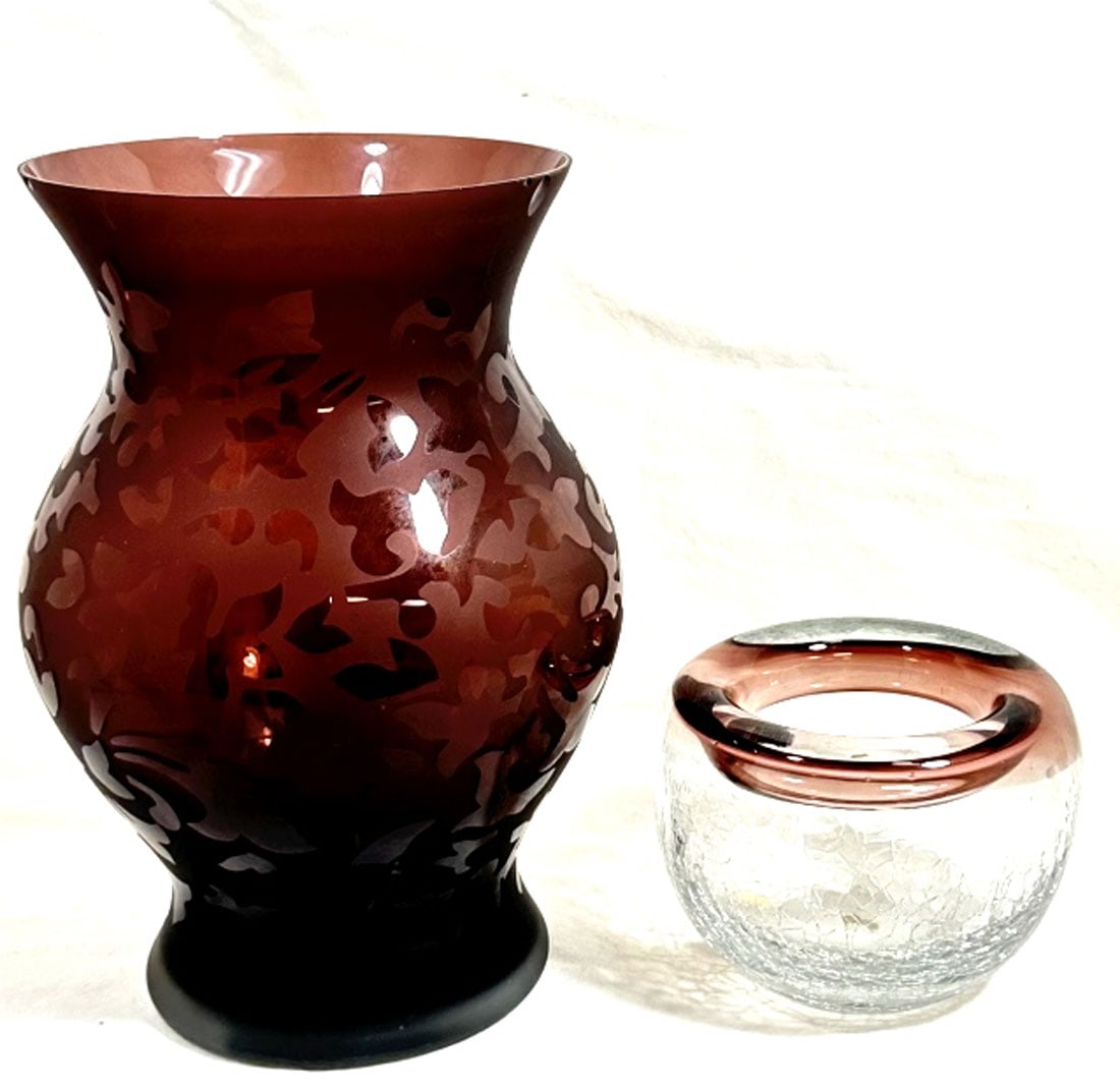 PURPLE ART GLASS VASE AND CRACKLE GLASS BOWL: VASE IS 10"H some chips on rim, BOWL IS 4" H GOOD CONDITION