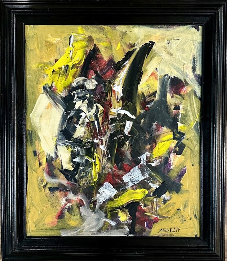 CORINNE MICHELLE WEST ABSTRACT OIL PAINTING: Attributed to Corinne Michelle West, no coa, private collection, medium: oil measurements:25"WX30"H framed, good condition Biography: Corinne Michelle West was an American painter; she also used the n