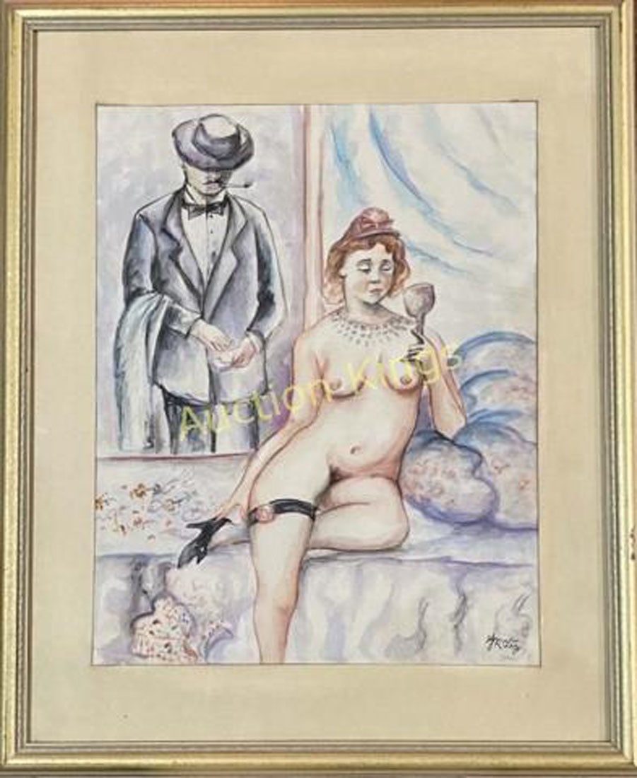 GEORGE GROSZ FIGURATIVE MIXED MEDIA ON PAPER: Attributed to George Grosz, private collection, no coa, measurements: 27"w by 34"h framed, good condtion .Biography: George Grosz was a German artist known especially for his caricatural drawings and