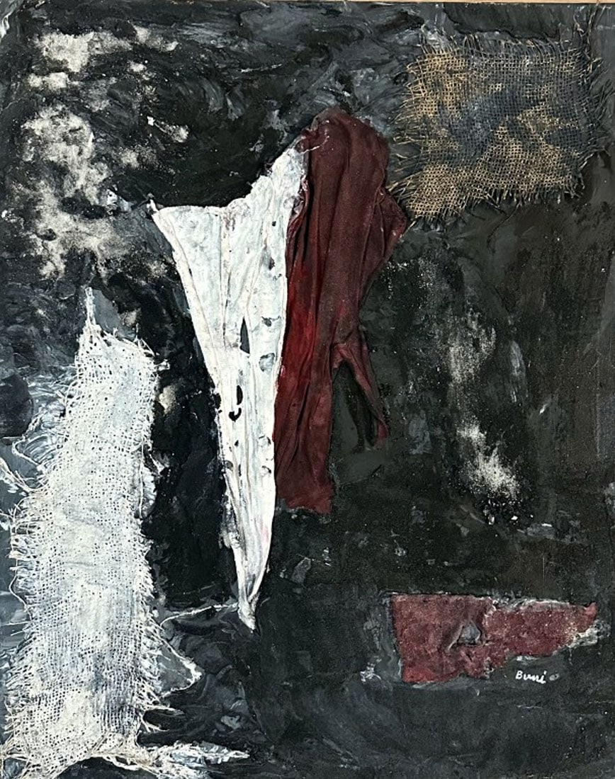 ALBERTO BURRI MIXED MEDIA COLLAGE ON CANVAS: Attributed to Alberto Burri, no coa, private collection, medium: mixed media collage measurements: 24"WX30"H no frame, good condition Biography: Alberto Burri was an Italian visual artist, painter, sc