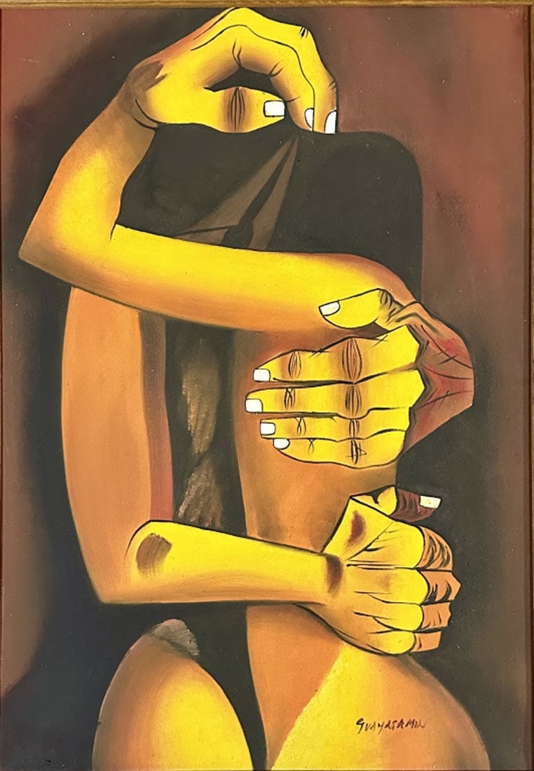 OSWALDO GUAYASAMIN OIL ON CANVAS (1919-1999): Attributed to Oswaldo Guaysamin, no coa, private collection, medium: oil, measurements: 24"WX32"H framed, good condition Biography: Oswaldo Guayasamín Calero was an Ecuadorian painter and sculptor of