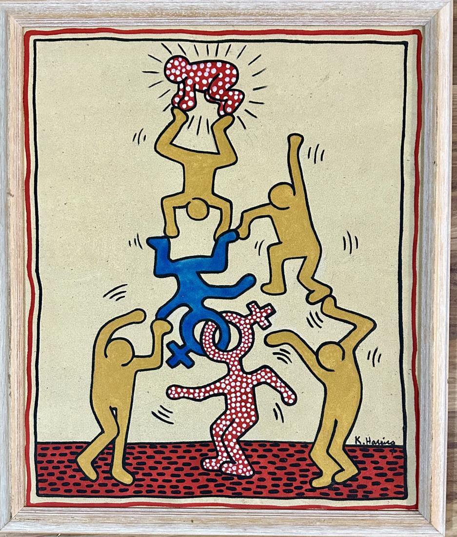 KEITH HARING OIL ON CANVAS POP ART: Attributed to Keith Haring, no coa, private collection, medium: oil, measurements: 22"WX26"H framed, good condition Biography: Keith Allen Haring was an American artist whose pop art emerged from the