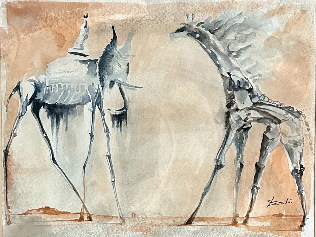 SALVADOR DALI WATERCOLOR SURREALIST PAINTING: Attributed to Salvador Dali, no coa, private collection, medium: watercolor, measurements: 32"hx40"w framed, good condition, frame has nicks, no glass in frame Biography: Salvador Domingo Felipe Jacin
