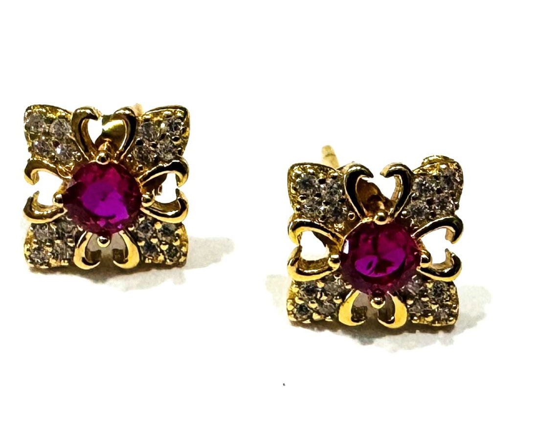 ART DECO RUBY AND WHITE QUARTZ STERLING EARRINGS: GOLD PLATE