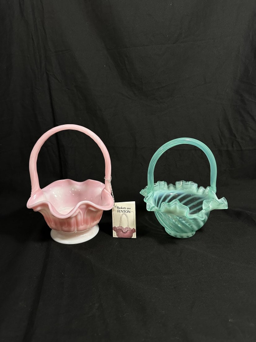 LOT OF 2 FENTON GLASS BASKETS: PINK ONE IS SIGNED, GOOD CONDITION, GREEN ONE IS CHIPPED SEE PIC