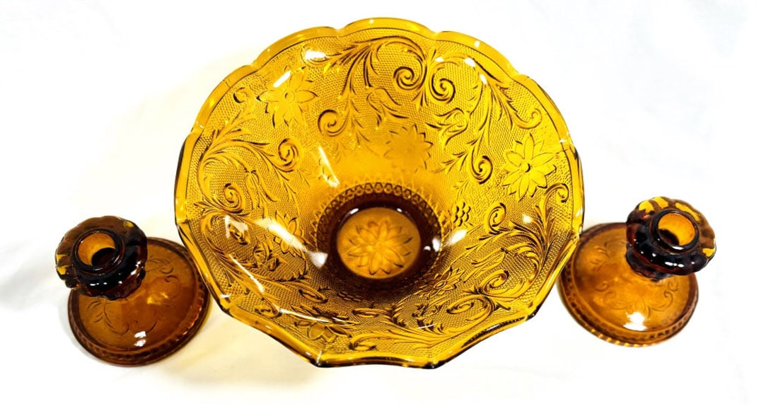VINTAGE AMBER GLASS BOWL AND CANDLESTICKS: BOWL IS 10" MINT CONDITION