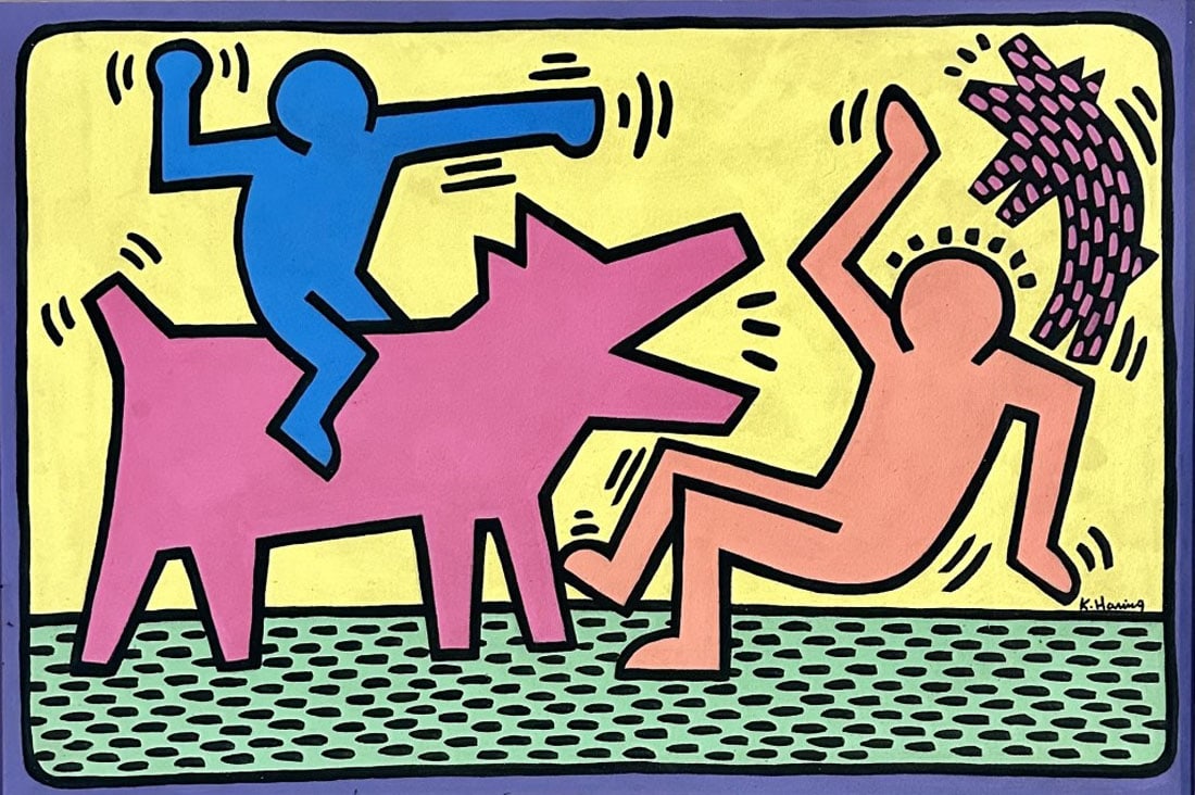 KEITH HARING POP ART OIL ON CANVAS: Attributed to Keith Haring, no coa, private collection, medium: oil, measurements: 26"h X 38"W framed, good condition Biography: Keith Allen Haring was an American artist whose pop art emerged from th
