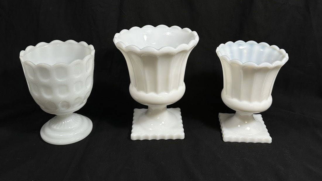 Vintage Lot Of 3 Milk Glass Pedestal Vases Auction