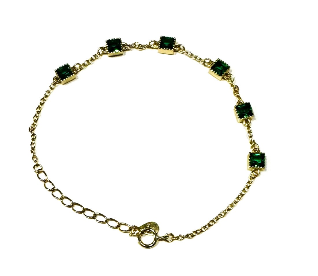 DAINTY EMERALD CZ STERLING DECO BRACELET: 5" OR 6" ADJUSTABLE/GOLD PLATE STERLING SILVER