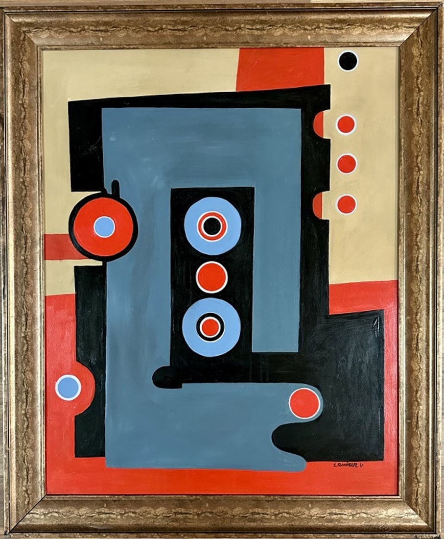 EDUARDO RAMIREZ VILLAMIZAR MINIMALIST OIL PAINTING: Attributed to Eduardo Ramirez Villamizar, no coa, private collection, medium: oil, measurements: 29"WX35"H framed, good condition Biography: Eduardo Ramírez Villamizar was a Colombian painter and scu