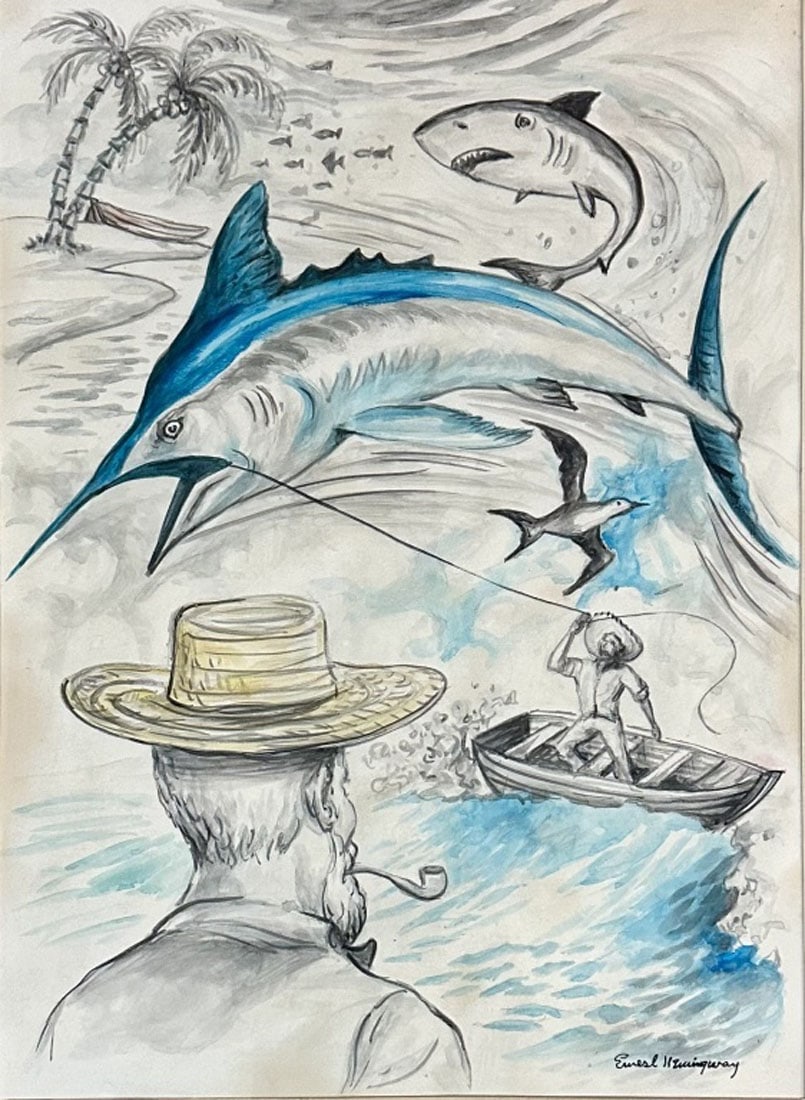 ERNEST HEMINGWAY WATERCOLOR ON PAPER (1 of 3)