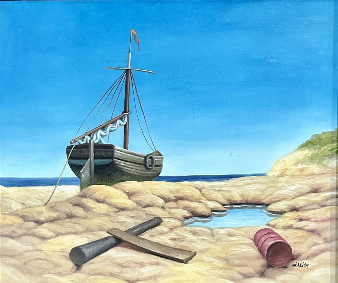 TRISTRAM PAUL HILLIER SURREALIST OIL PAINTING: Tristram Paul Hillier, no coa, private collection, medium: oil, measurements: 22"WX26"H no frame, good condition, small hole and some knicks Biography: Tristram Paul Hillier RA was an English surreali