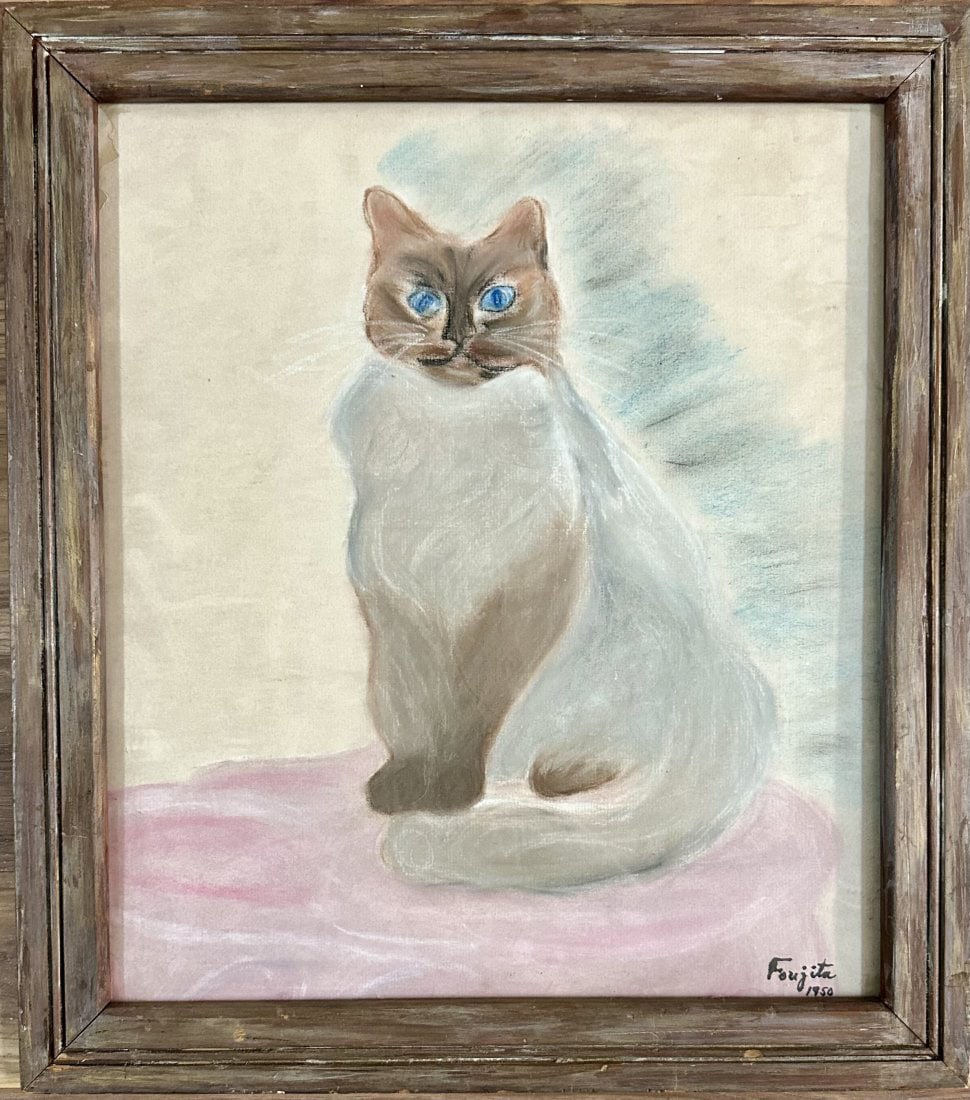 LEONARD FOUJITA PASTEL ON PAPER CAT: Leonard Foujita, no coa, private collection, medium: pastel, measurements: 17"WX19"H framed, good condition, left corner edge Biography:Léonard Tsuguharu Foujita was a Japanese–French painter. Afte